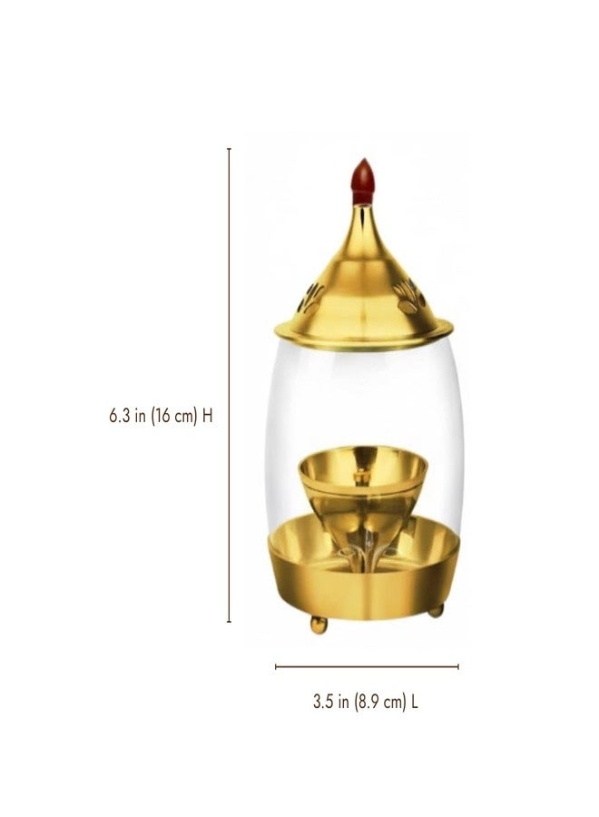 ServDharm Brass Arpan Diya for Pooja with Curved Glass Cover 6.3", 16 cm | Pital Decorative Oil Lamp for Pooja and Home Decor | Deepam Vilakku for Pooja | Puja Diya for Home Mandir - Image 3